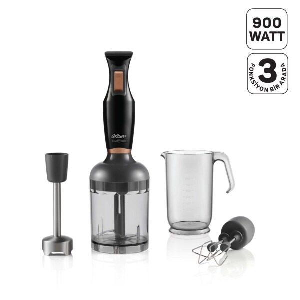 Arzum AR1108 Smarty Neo 900W El Blender Seti, Çırpıcı,Doğrayıcı Aparatlı, Paslanmaz Çelik Bıçaklı, Siyah
