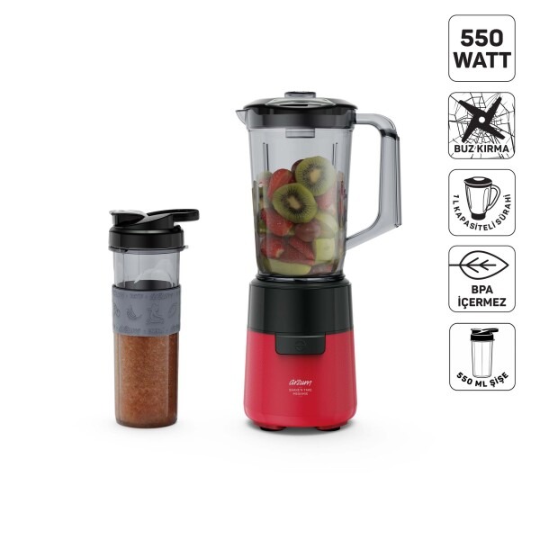 Arzum AR1196 Shake'N Take Megamix Sürahi Blender 550W, 1L Sürahi, 550 ml Taşınabilir Şişe, Kırmızı