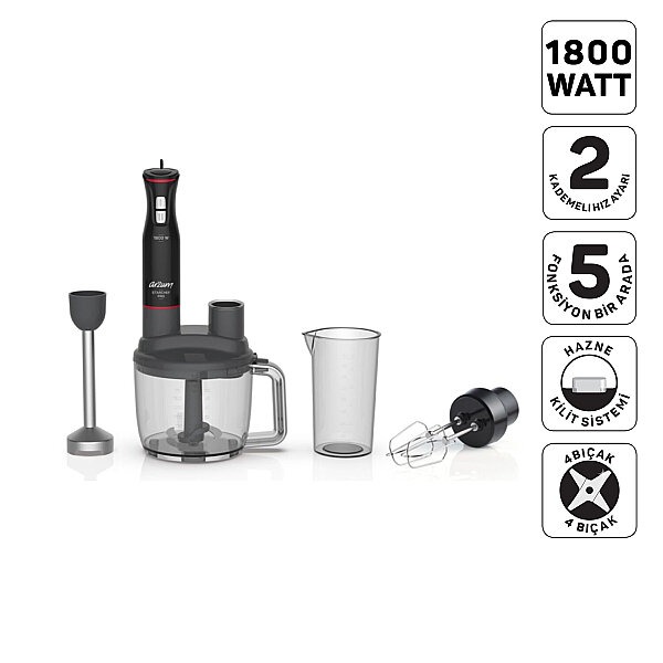 Arzum AR1204 Starchef Pro 1800W 4 Bıçaklı 1.5 L Hazneli 2 Kademeli Multi Blender Seti, Siyah