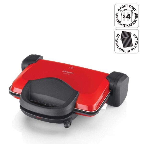 Arzum AR2007 Sultane 1800W 4 Dilim Kapasiteli Izgara ve Tost Makinesi, 180° Açılır Gövde, Kırmızı